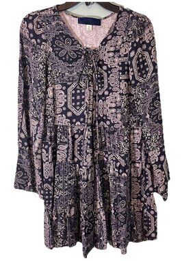 Bandana Print Dress Blue White Thigh Length Tunic Long Sleeves 1/4 Lace Up Sz M